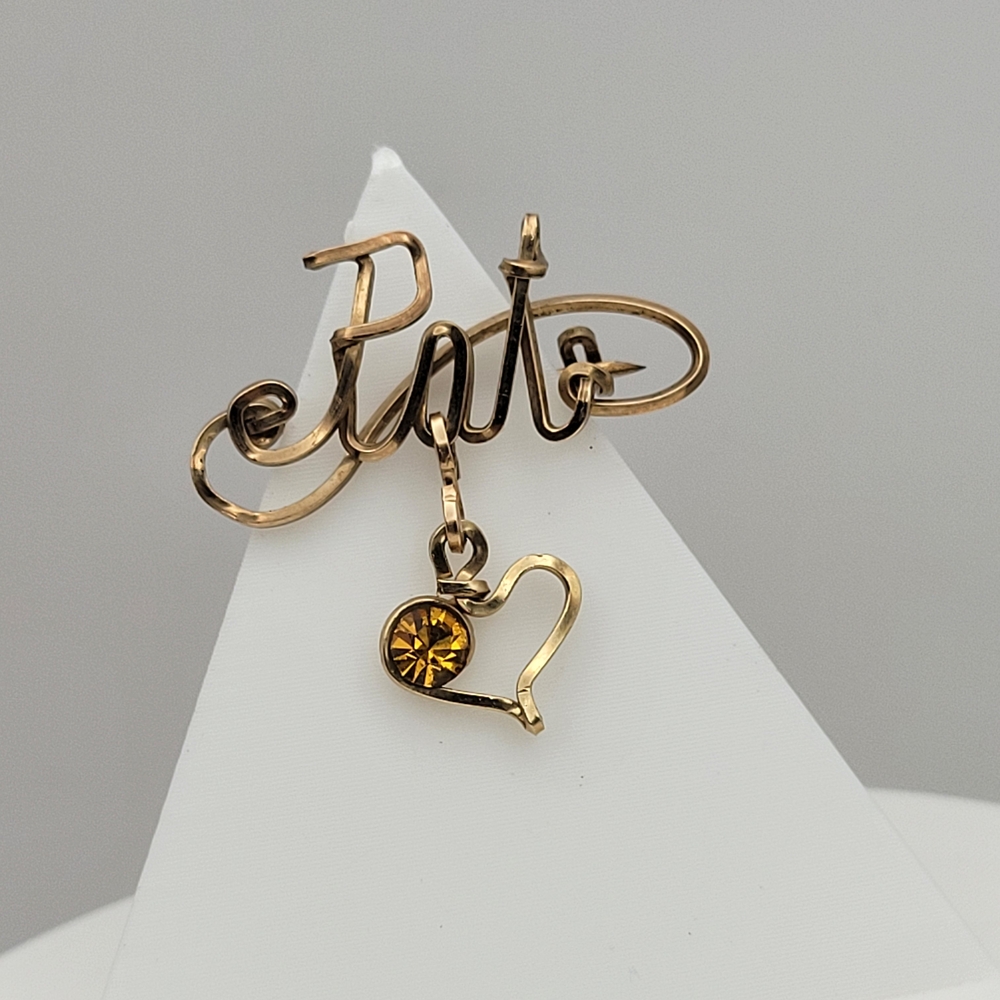 Vintage Gold Filled Personalized Name Brooch "Pat" with Heart & Rhinestone Charm
